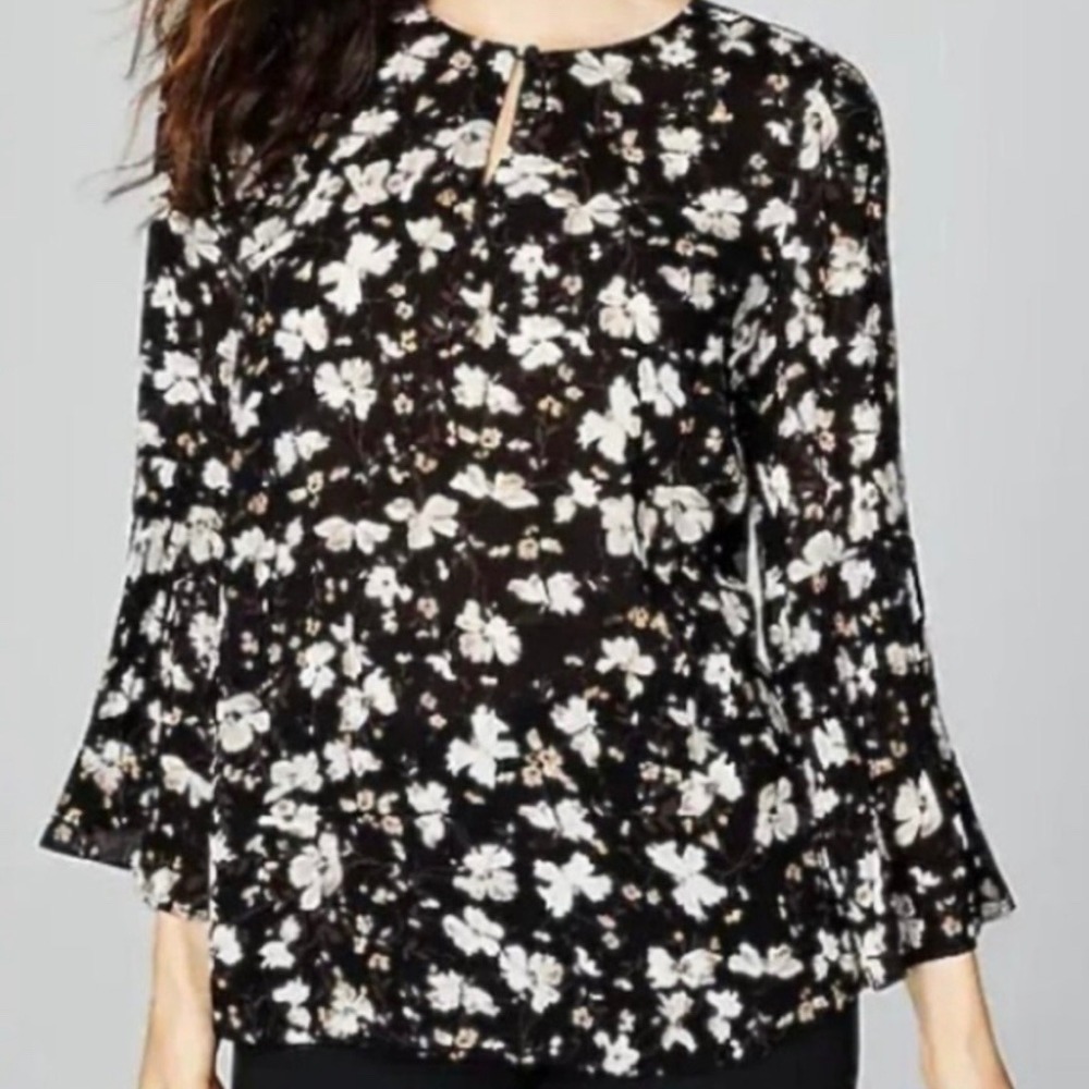 J. Jill Floral Print Bell Sleeve Blouse‎ Black White Keyhole Neck Top